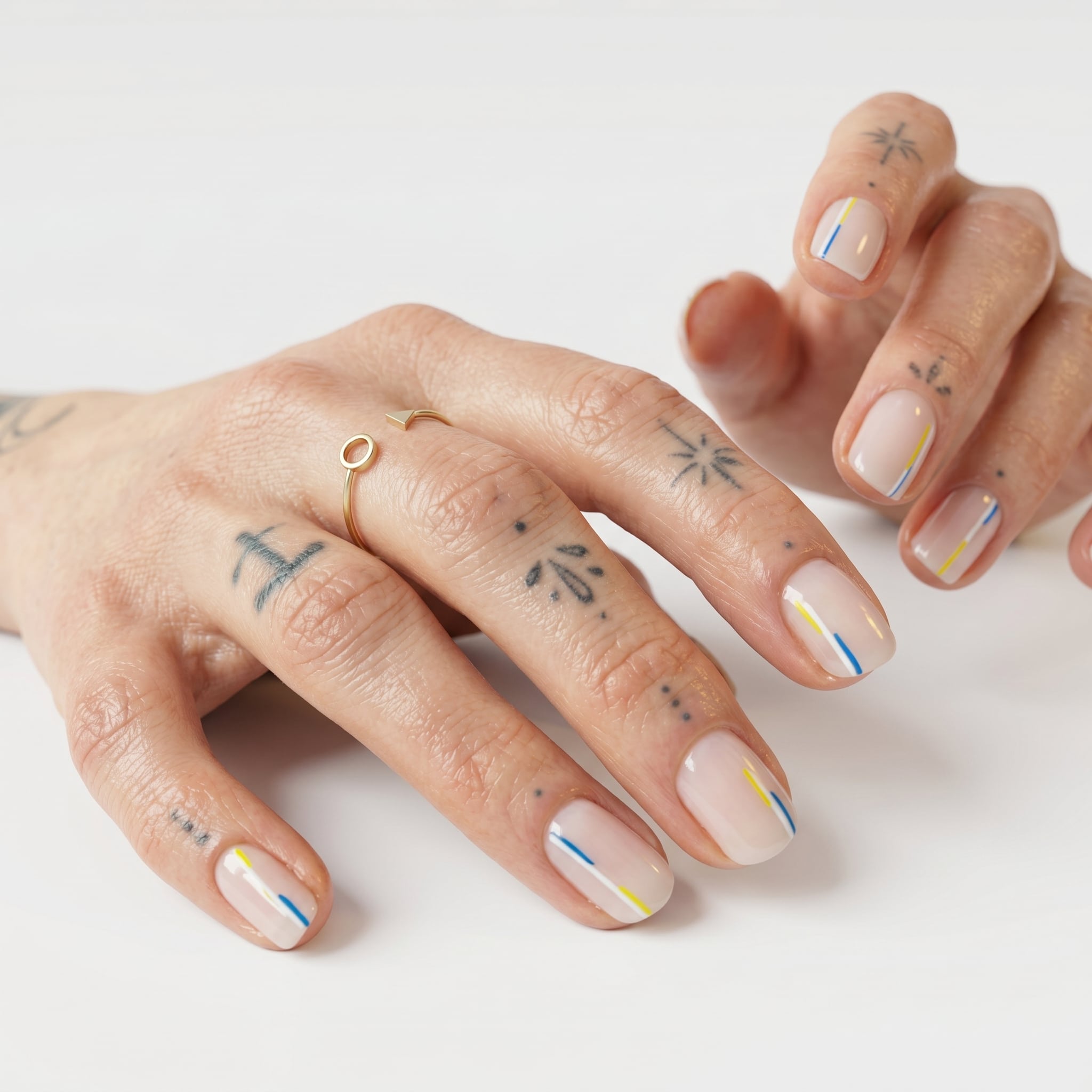 Nude nails with tiny lemon, daisy, and pale blue accent details