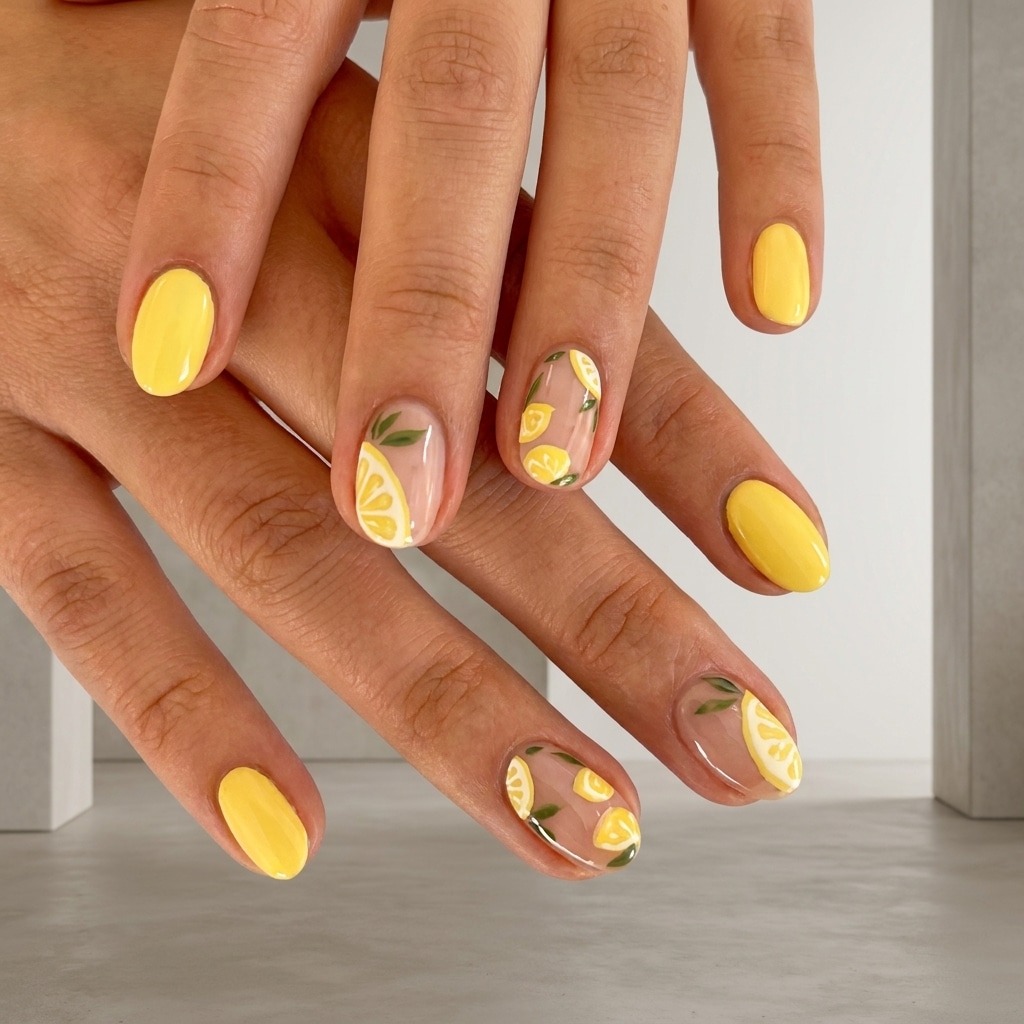Lemon slice summer nail art with yellow polish and tiny citrus details