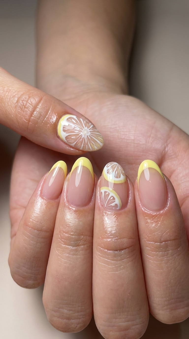Lemon yellow French tip nails with a sheer nude base and glossy finish