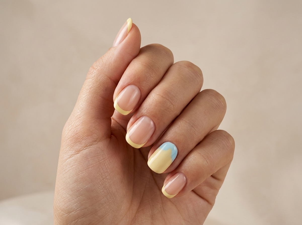 Lemon yellow summer nails with a glossy butter yellow almond manicure
