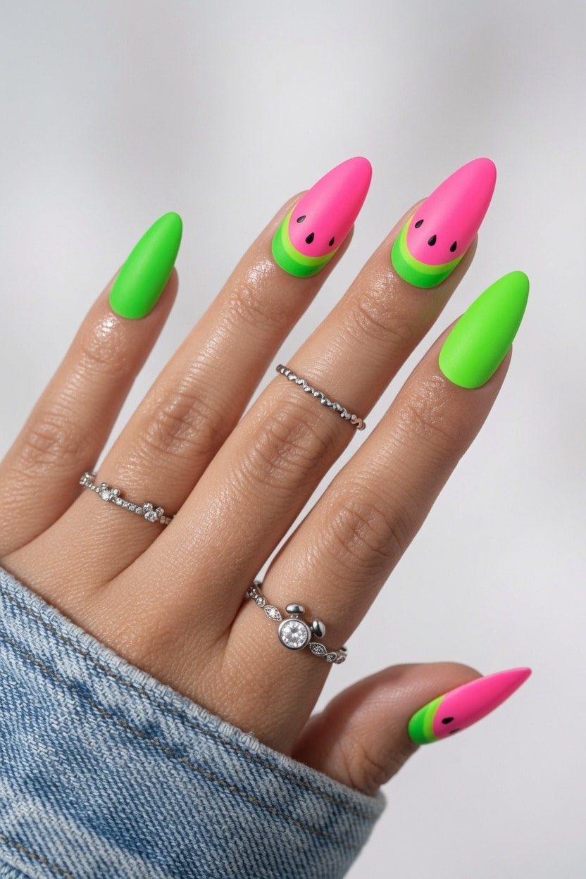 Light pink square nails with multiple watermelon slice art designs