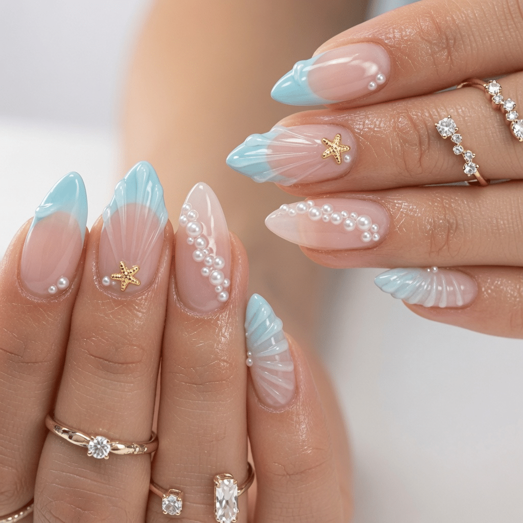 3D mermaidcore nails with nude base light blue tips and textured shell details