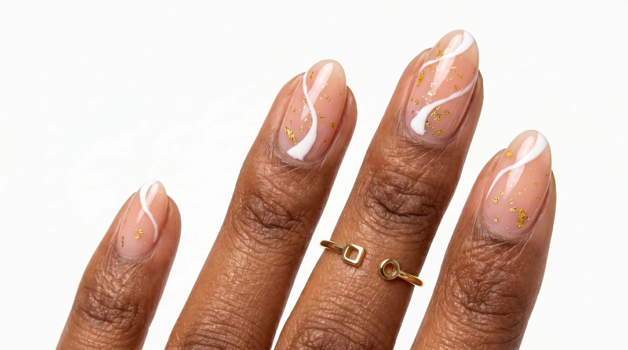 Natural nails with ultra-thin blue and orange micro tip accents