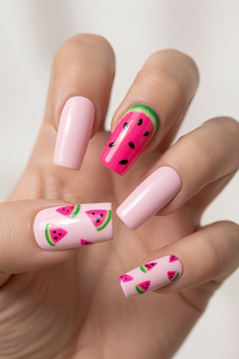 Neon pink almond nails with bright green french tips and black dots