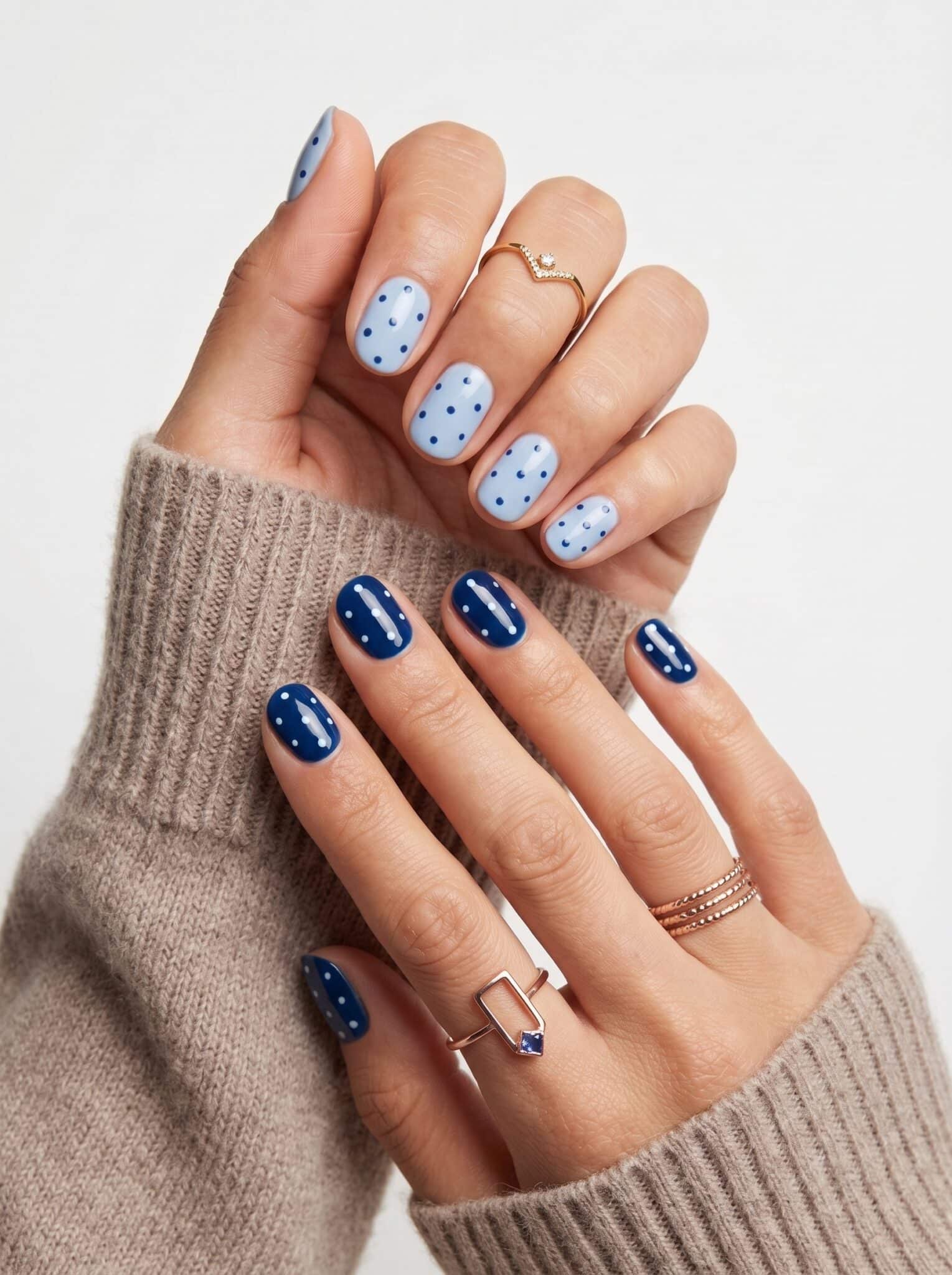 Nude almond nails with black dot details and small teal accent dots
