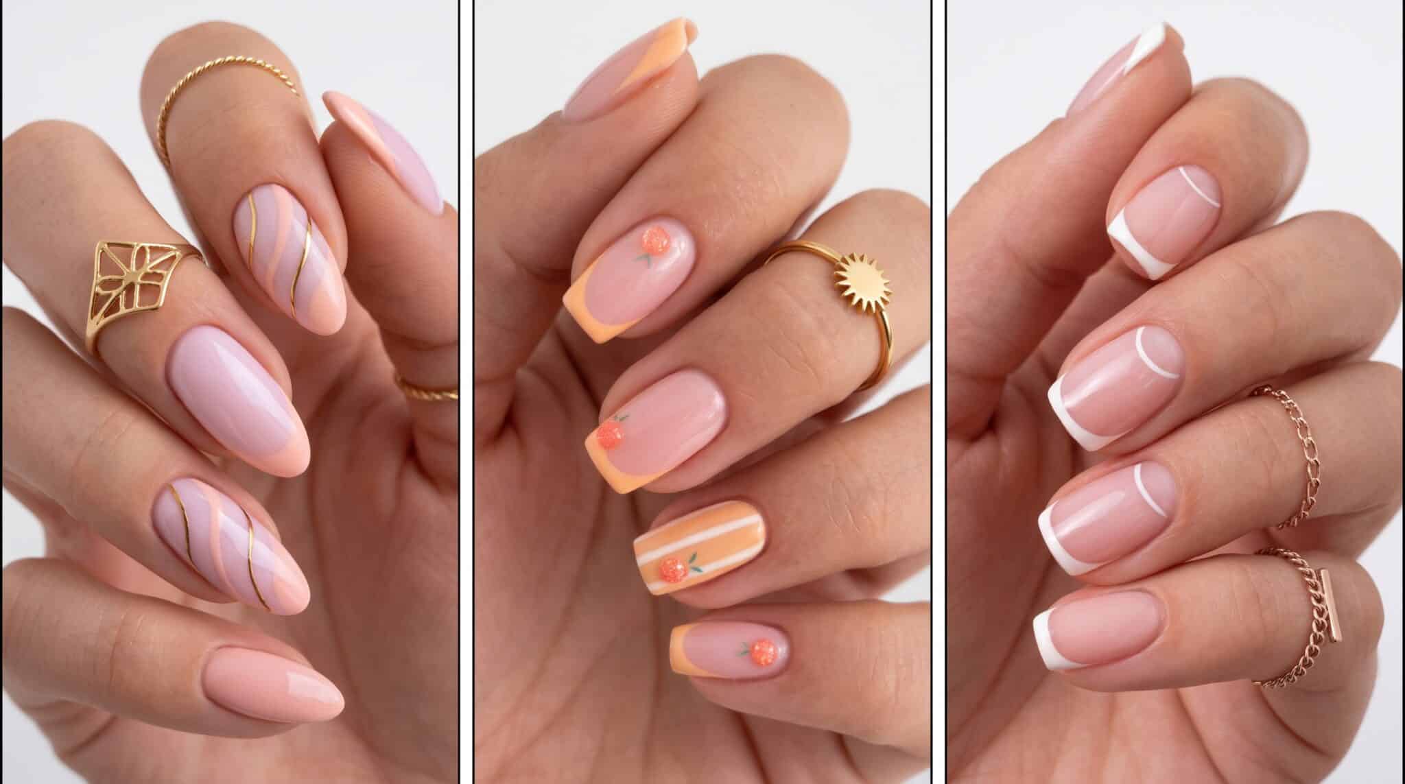 Nude peach glossy nails with a soft clean-girl finish