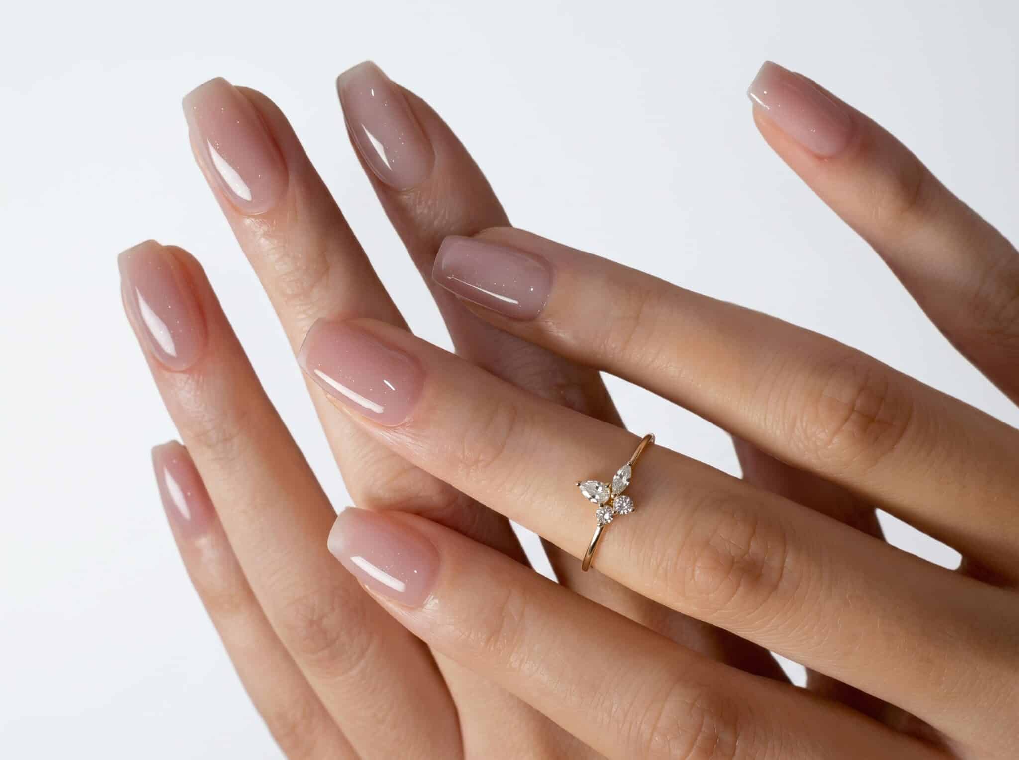 Soft nude nails with tiny white and blue star accents
