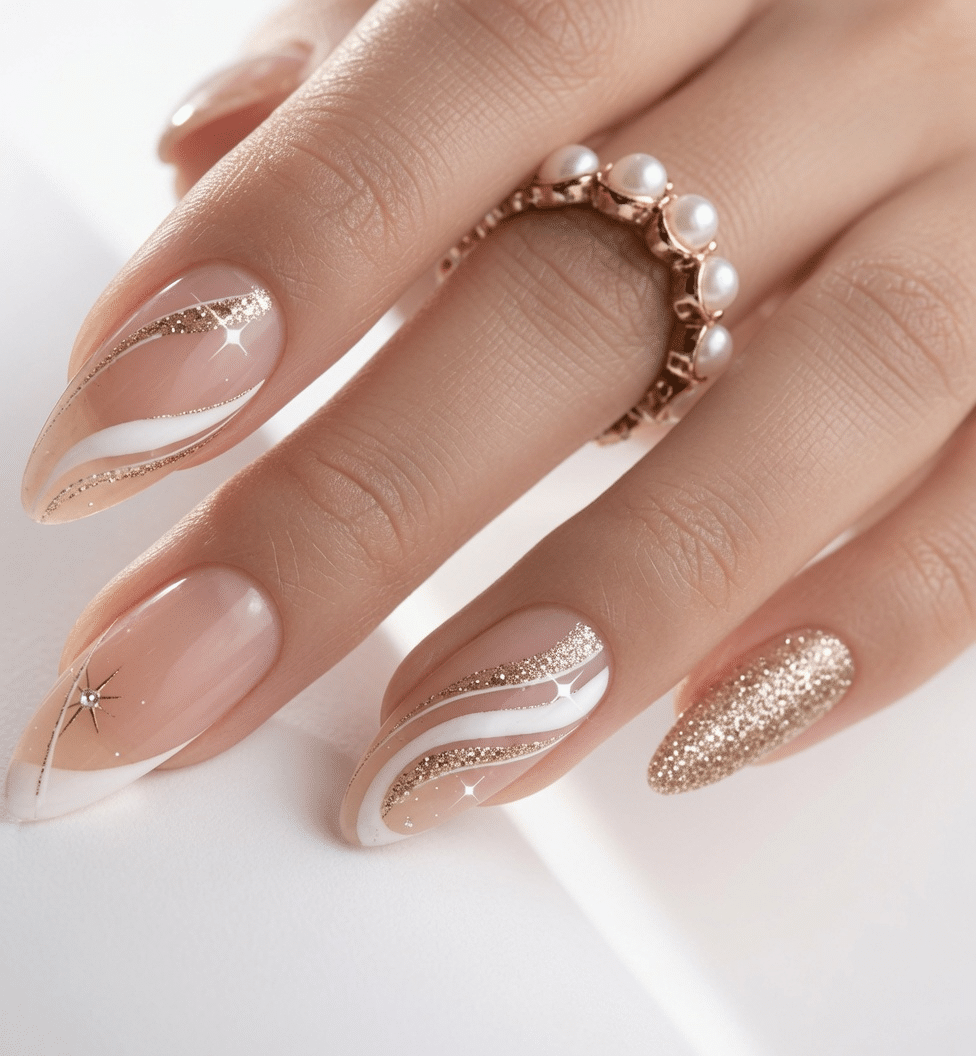 Nude almond nails with white swirls and gold accents