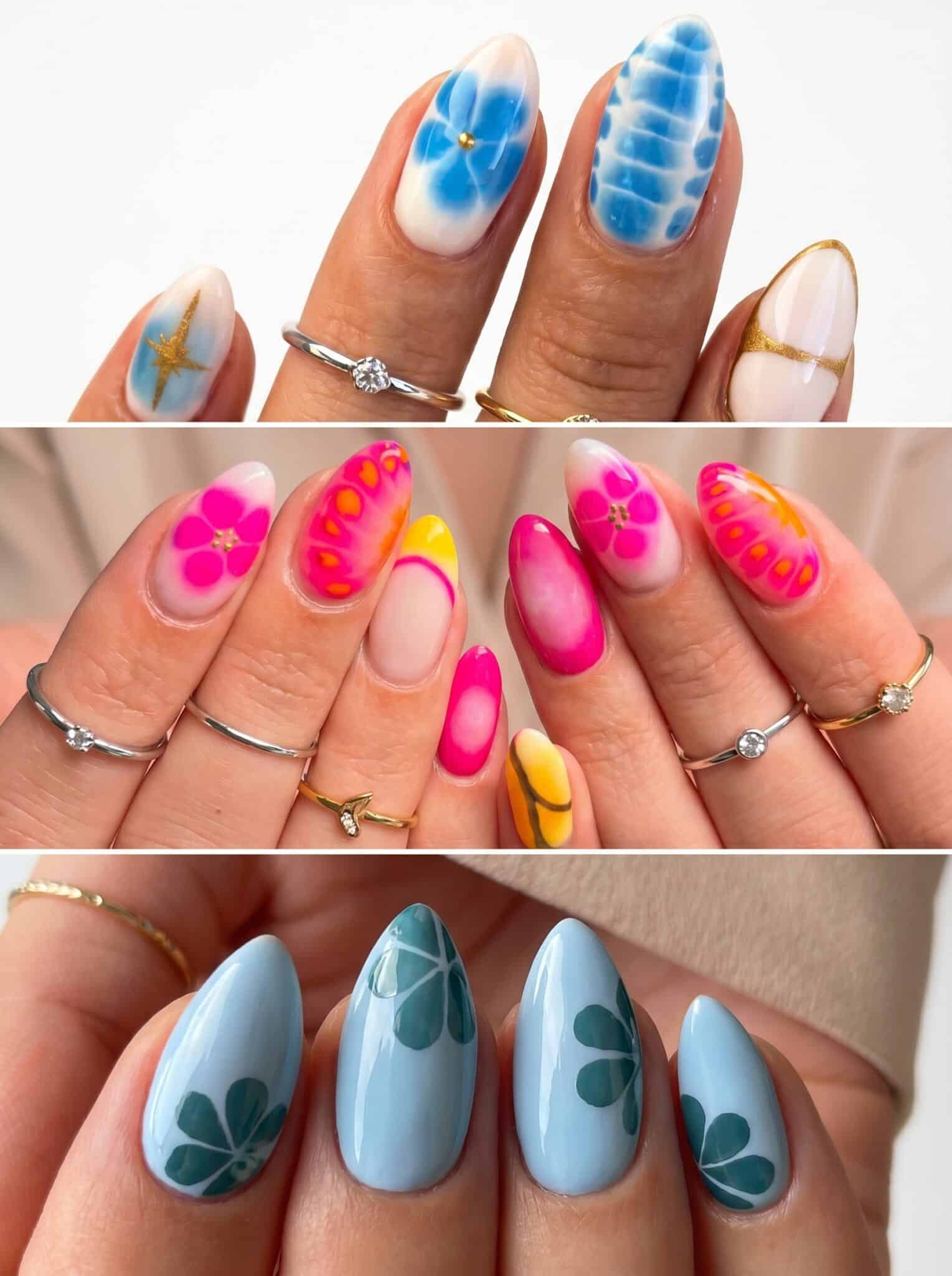 Pastel nails with colorful checkerboard, striped, and graphic accent designs
