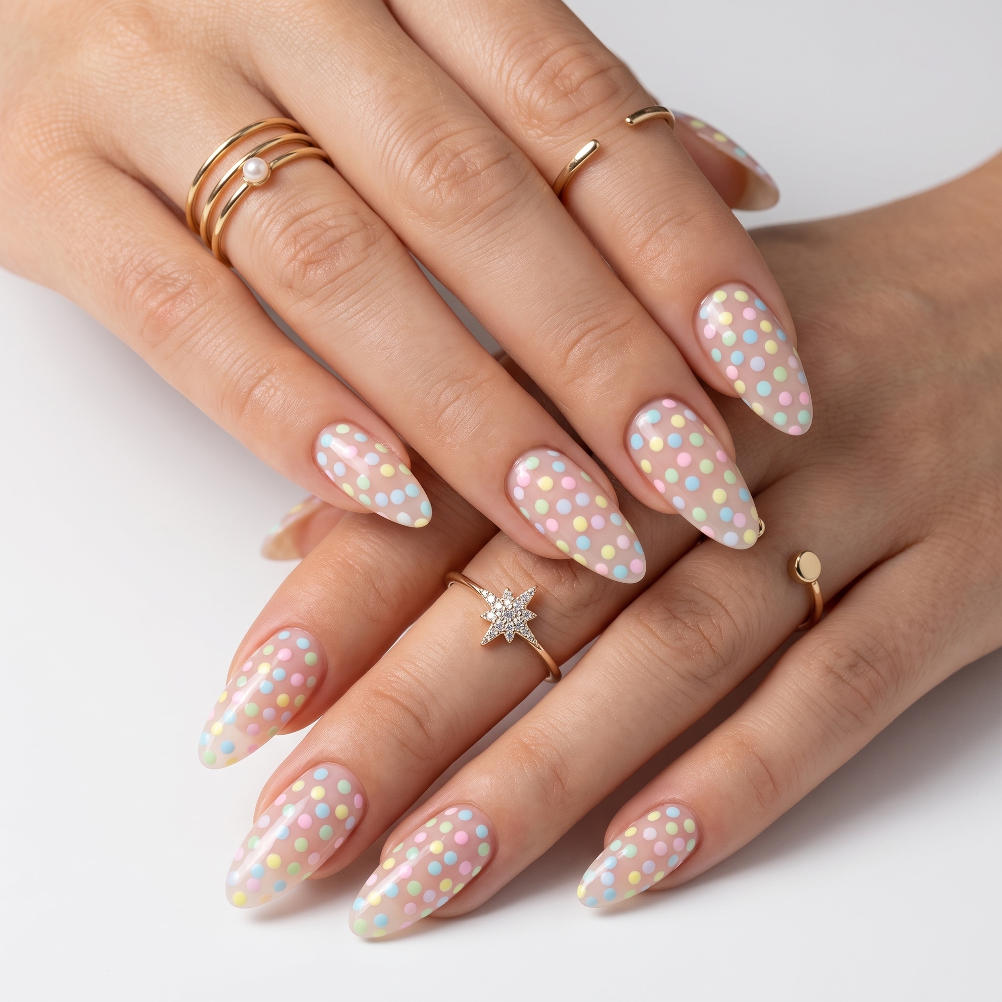 Nude almond nails with white French tips covered in tiny pastel dots