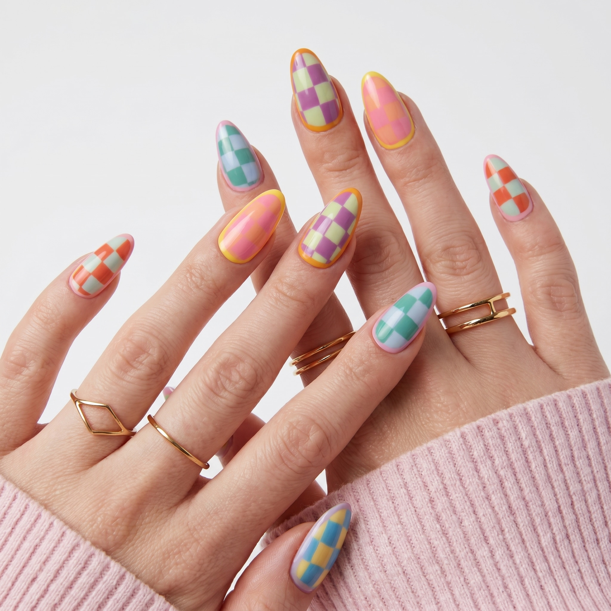Pastel nails with lemons, cherries, striped details, and colorful fruit accents