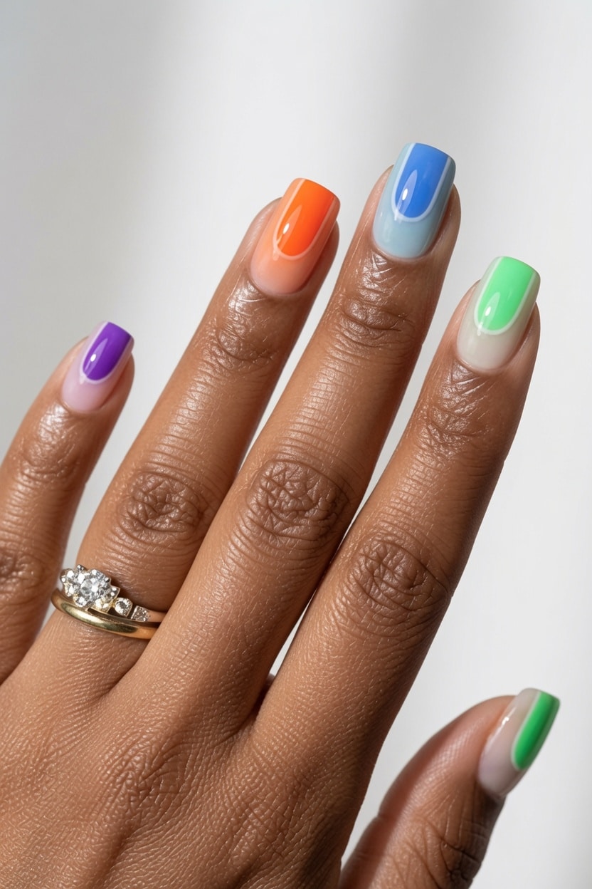 Nude almond nails with pastel rainbow wavy swirls