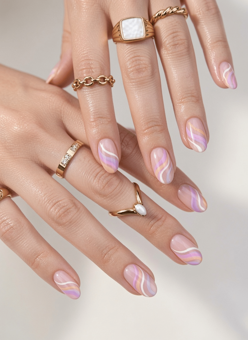 Almond nails painted in different pastel shades like pink, peach, and blue