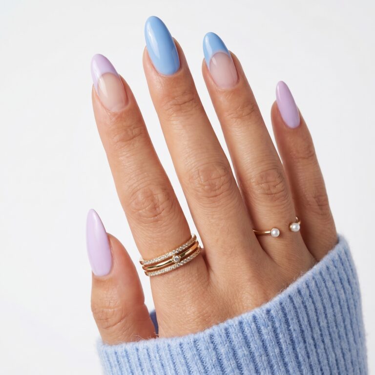 Pastel nail art with blue florals, pink details, and colorful summer accents