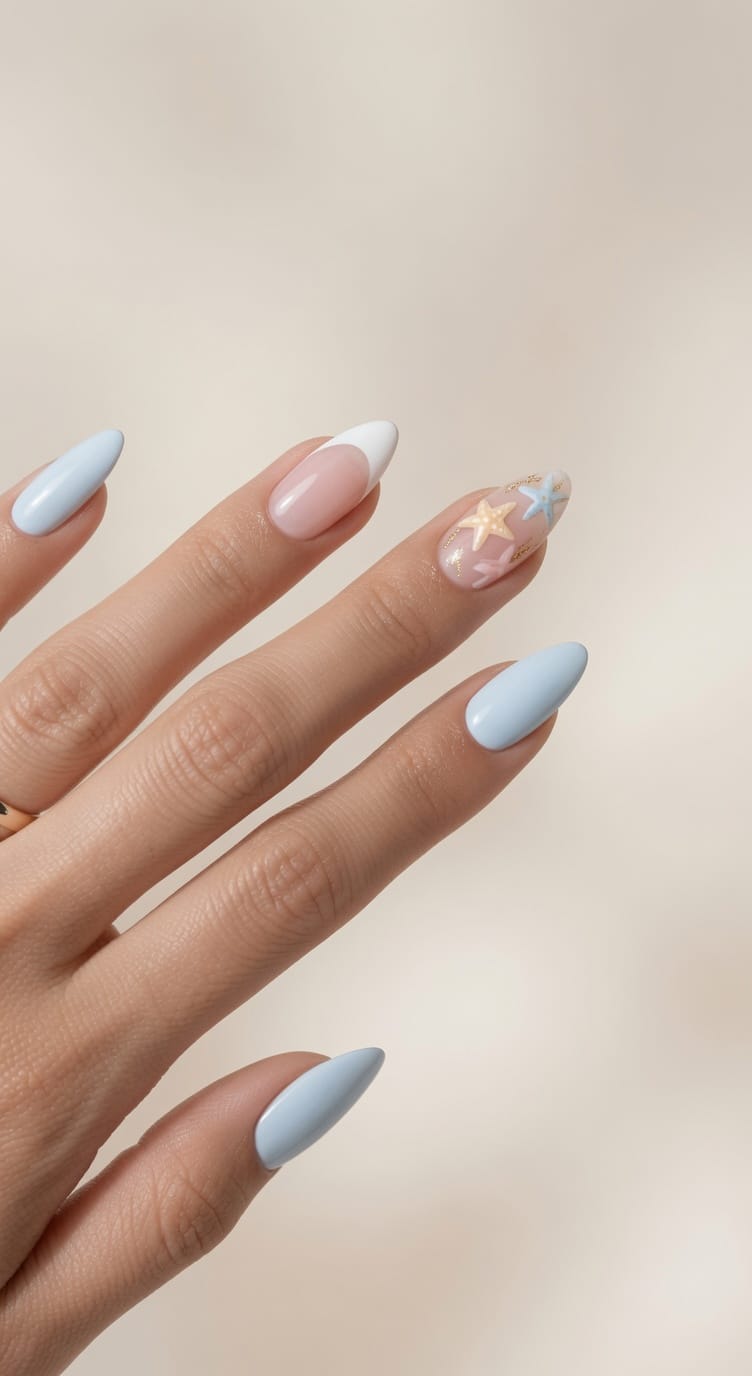 Pastel pink nails with turquoise tips and small colorful nail-art details.