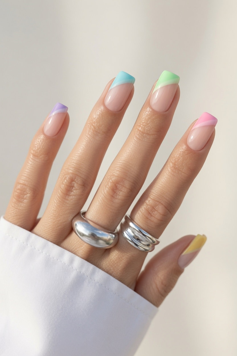 Close up of pastel wavy swirls and tiny star details on almond nails