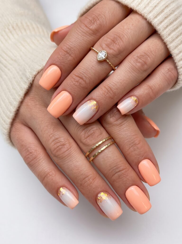 Short Simple Peach Summer Nails with tiny minimalist accent nail art.