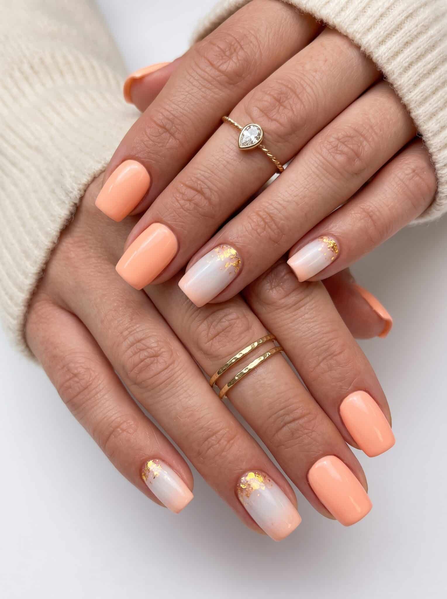 Short Simple Peach Summer Nails with tiny minimalist accent nail art.