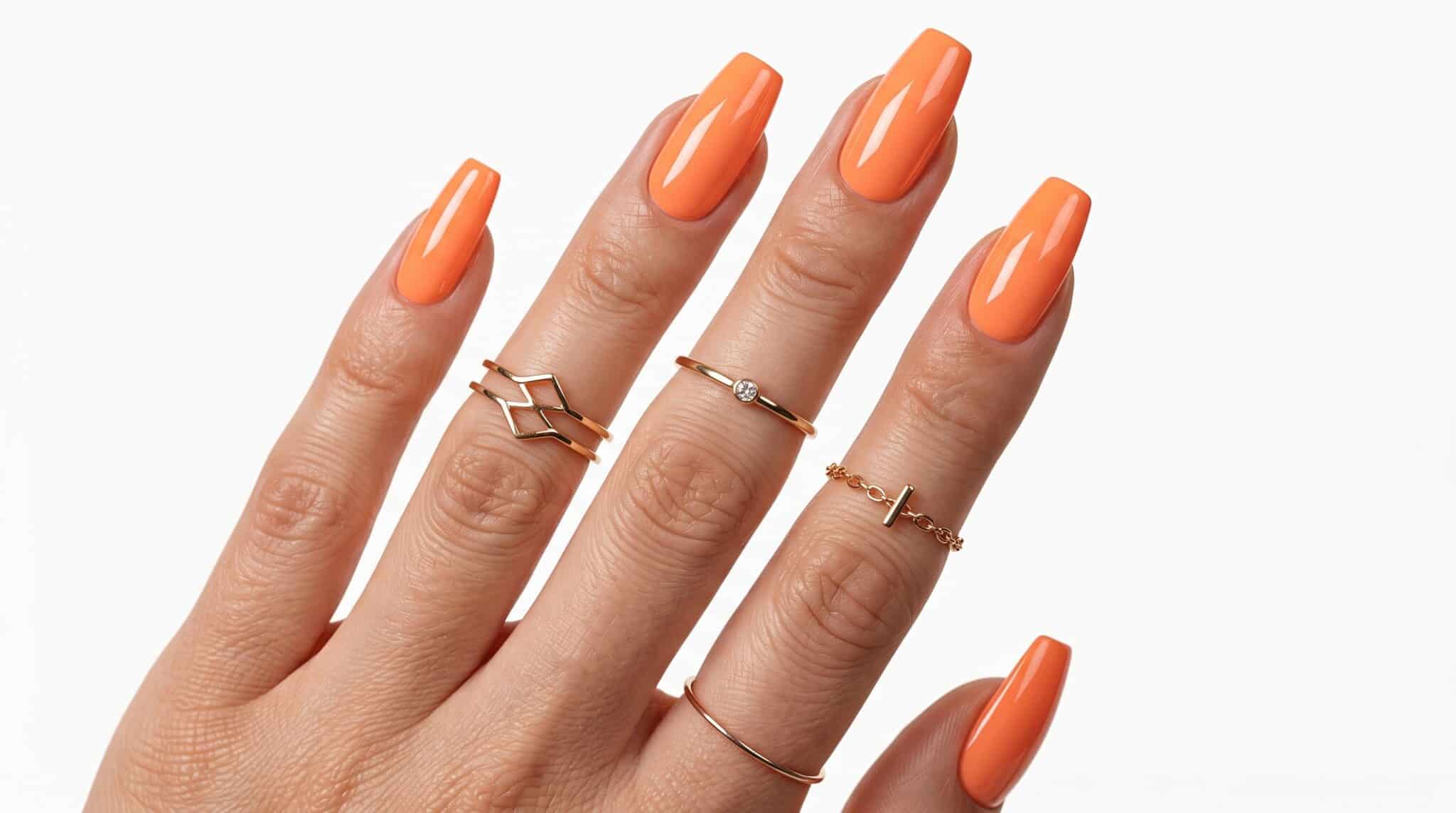 Peach skittle summer nails with mixed soft peach and coral shades