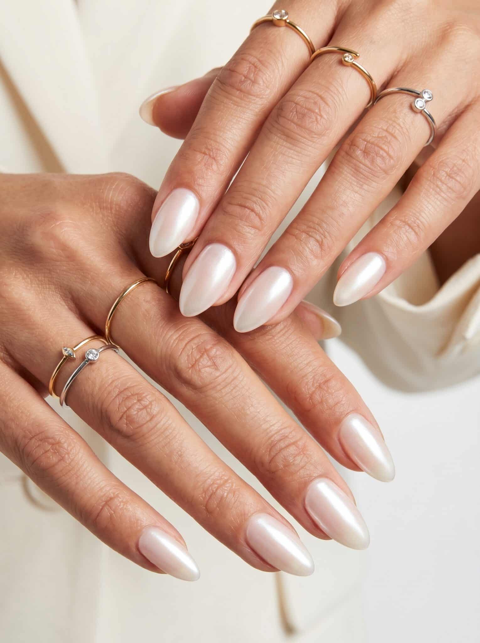 Pearly milky white almond nails with a glossy soft finish