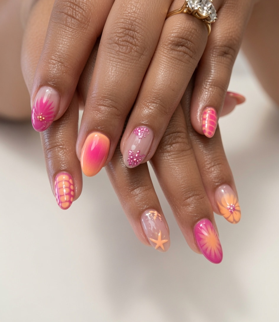 Long pink and orange nails with small orange starfish details.
