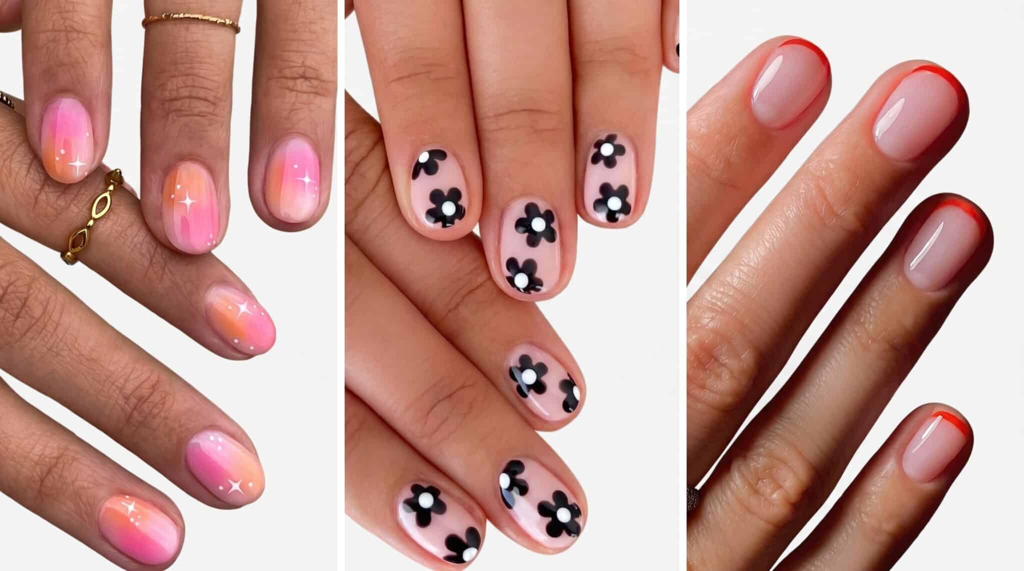 Pink short nails with mix-and-match graphic and floral nail art