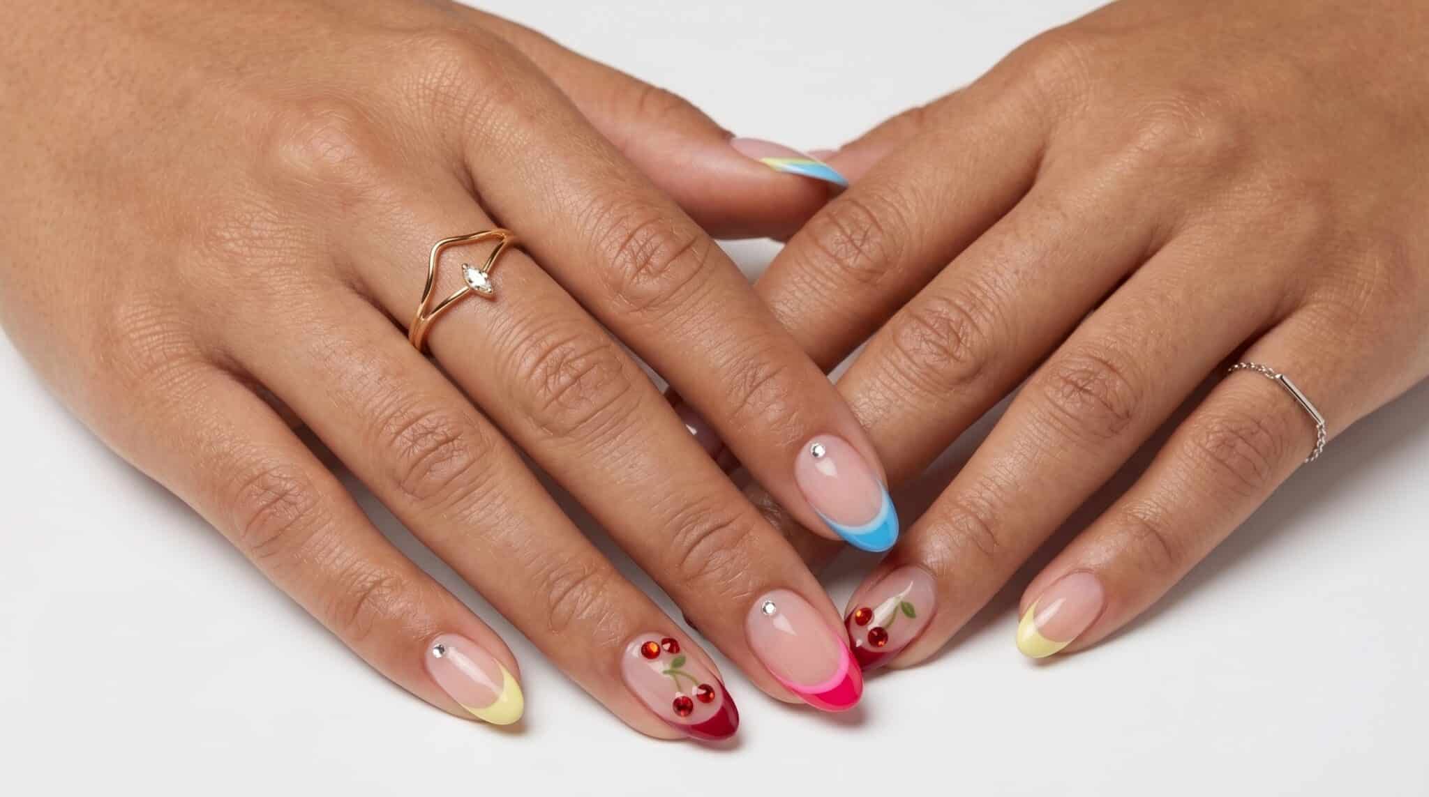 Two hands with colorful French tips in blue, yellow, red, and pink