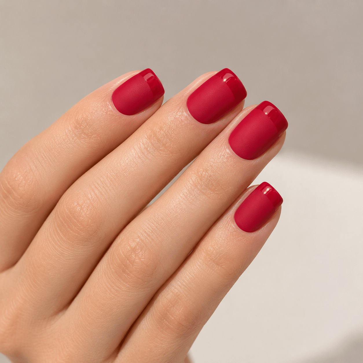 Short nail ideas with glossy red polish on a clean neutral background
