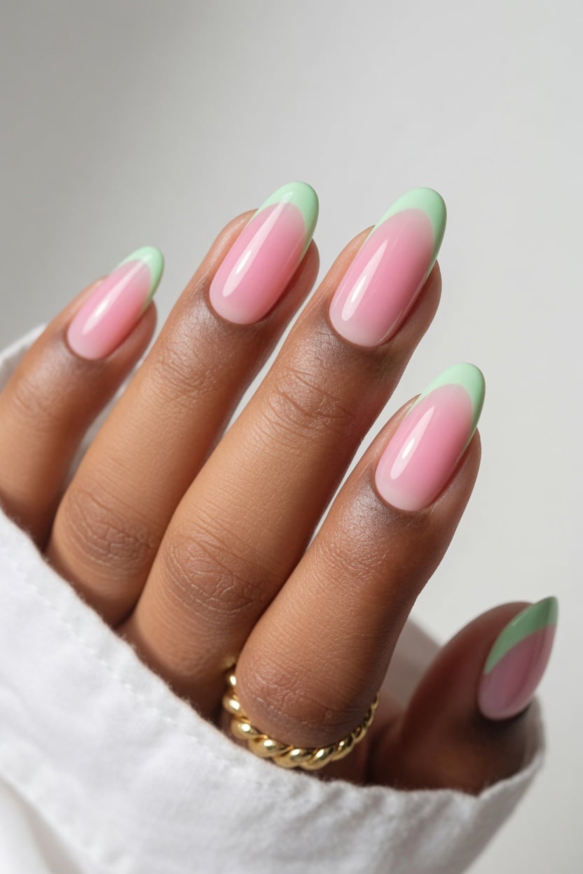 Short square bright pink nails with a watermelon slice accent nail