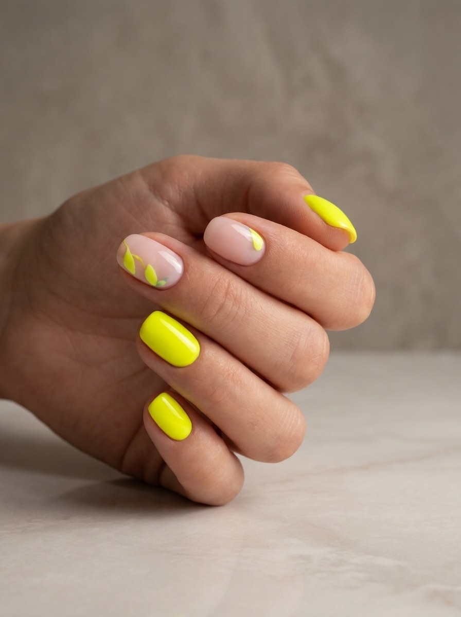 Simple lemon yellow summer nails with glossy yellow polish and a clean almond shape