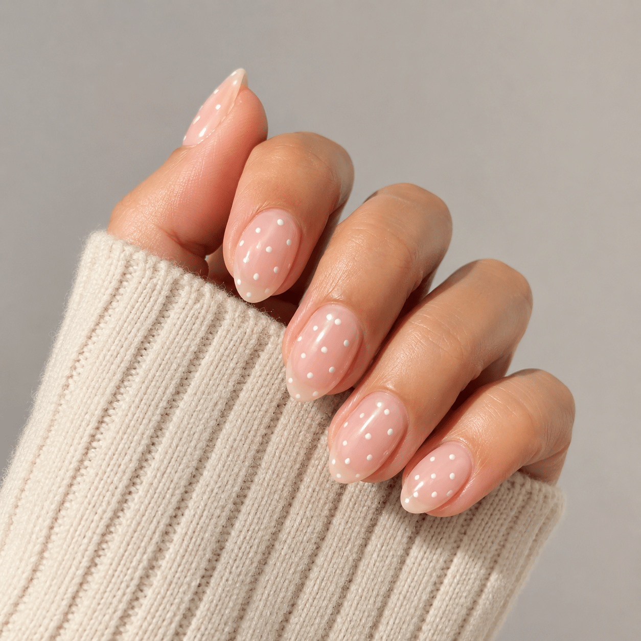 Simple nail ideas with soft neutral nails and a cozy sweater background