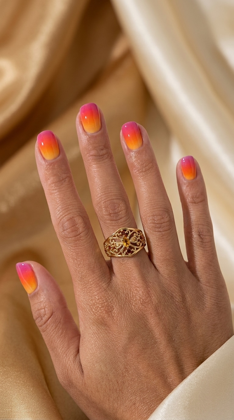 Simple sunset ombre summer nails with warm coral orange and yellow tips