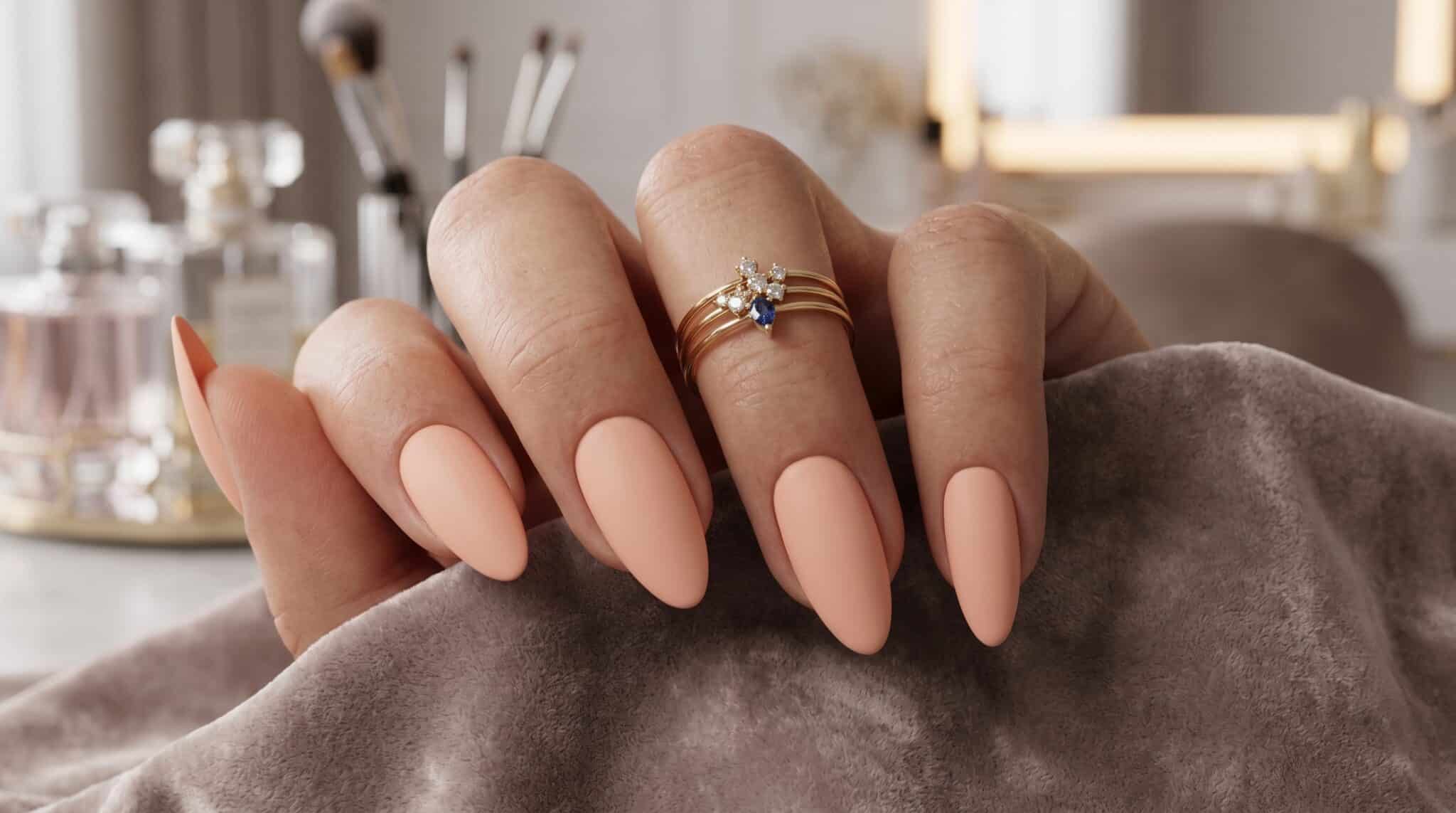 Two soft peach manicure views showing glossy almond nails in a bright neutral setting