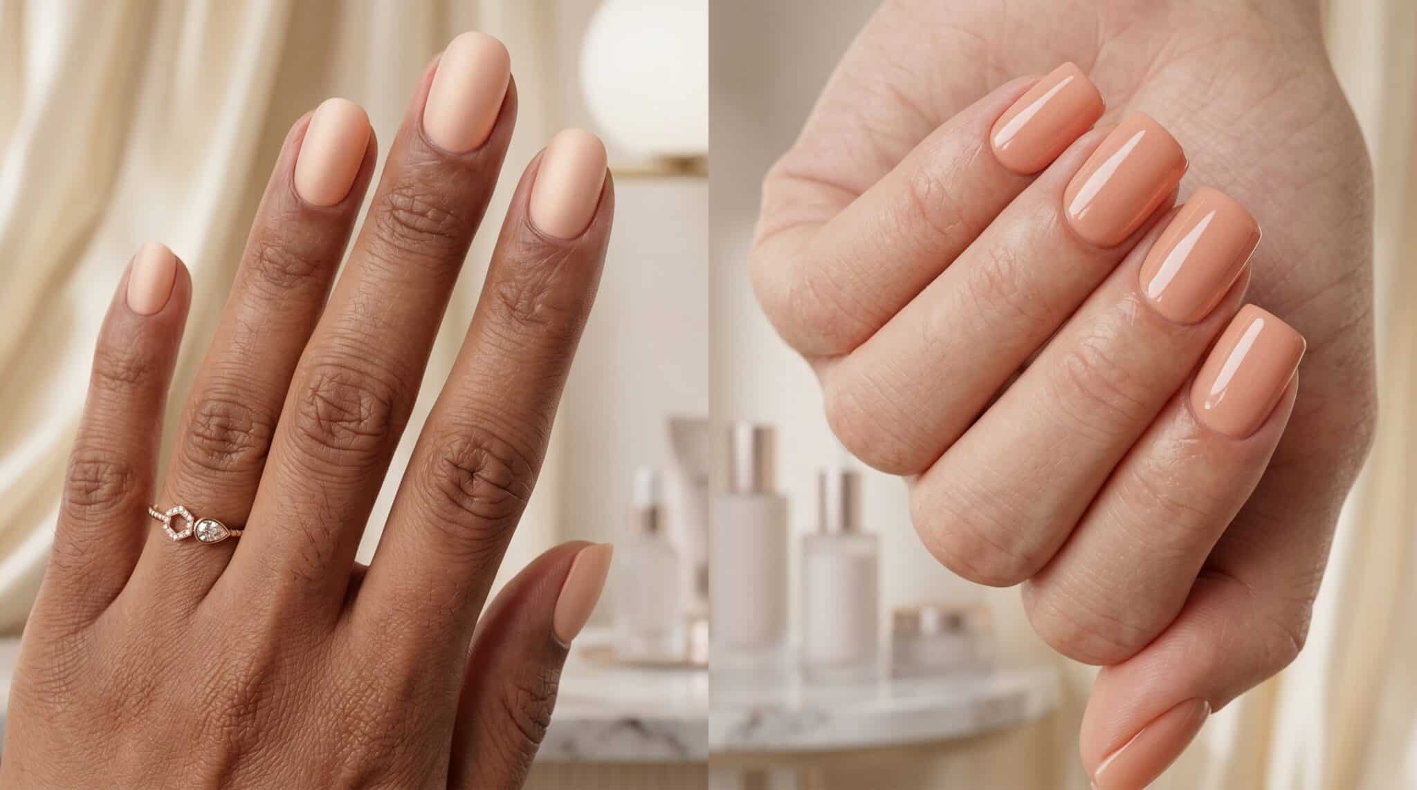 Glossy peach nails with gold rings and a warm neutral beauty background