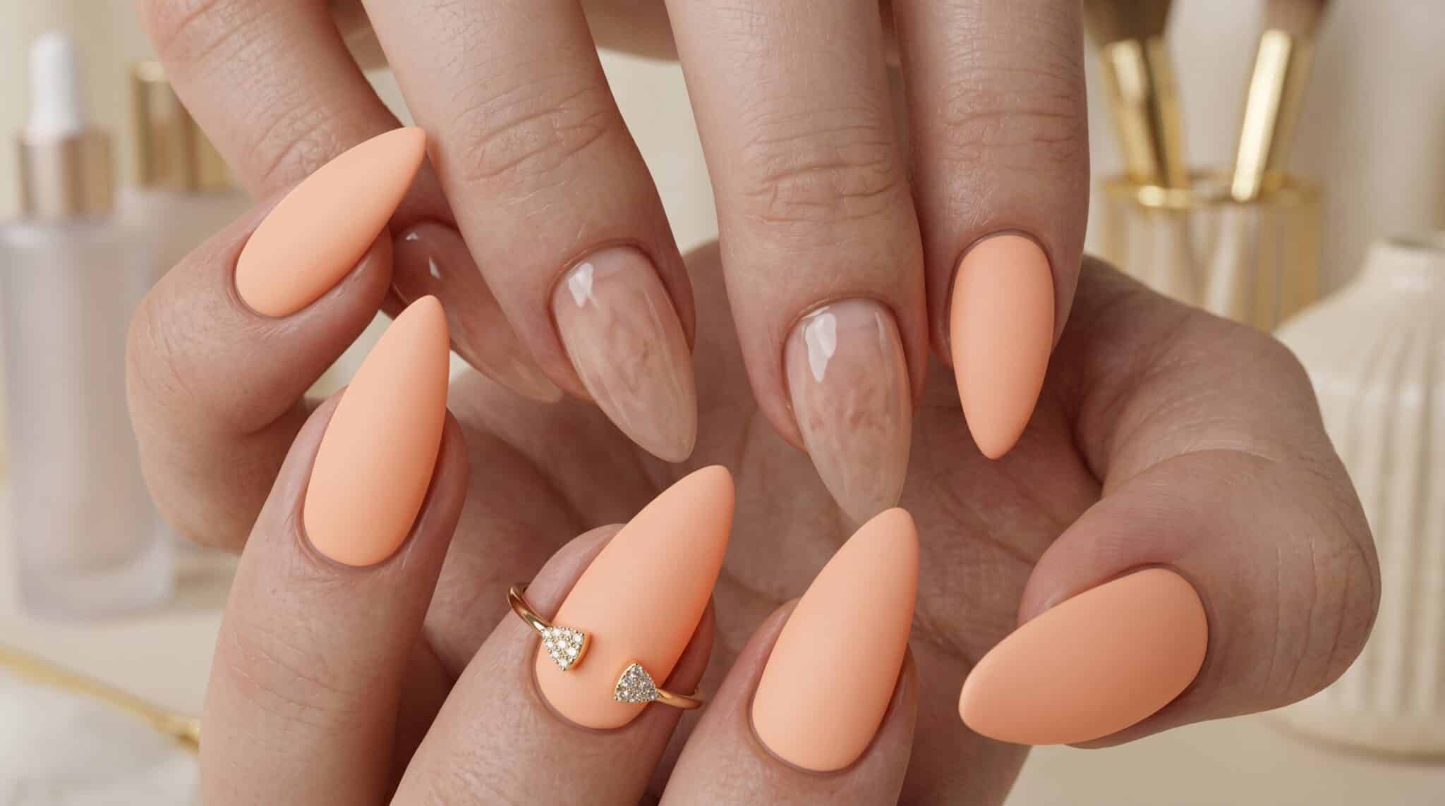 Short soft peach nails with a glossy nude-peach finish on a neutral background