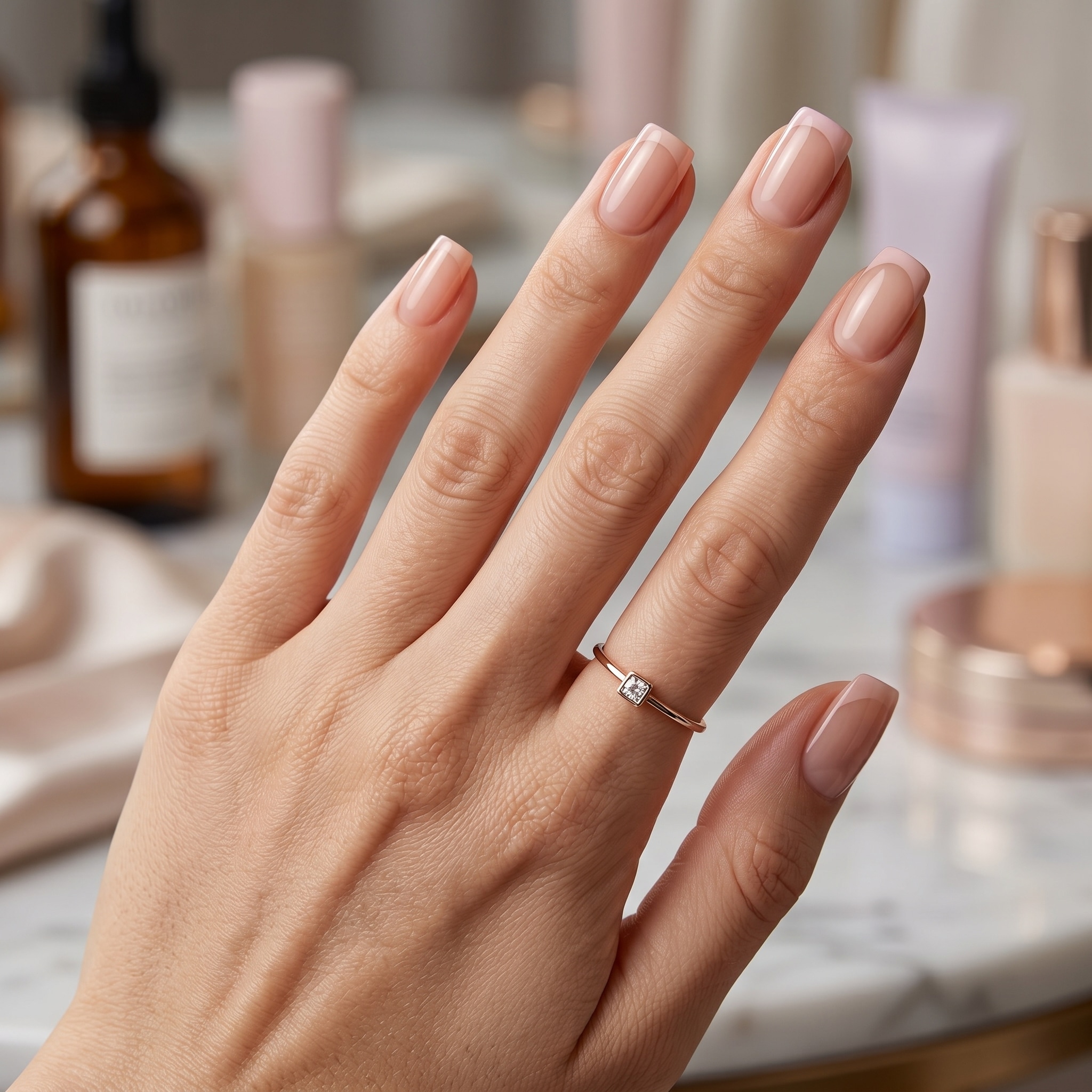 Soft Peach Summer Nails shown with a pale blue background and cozy white sleeve