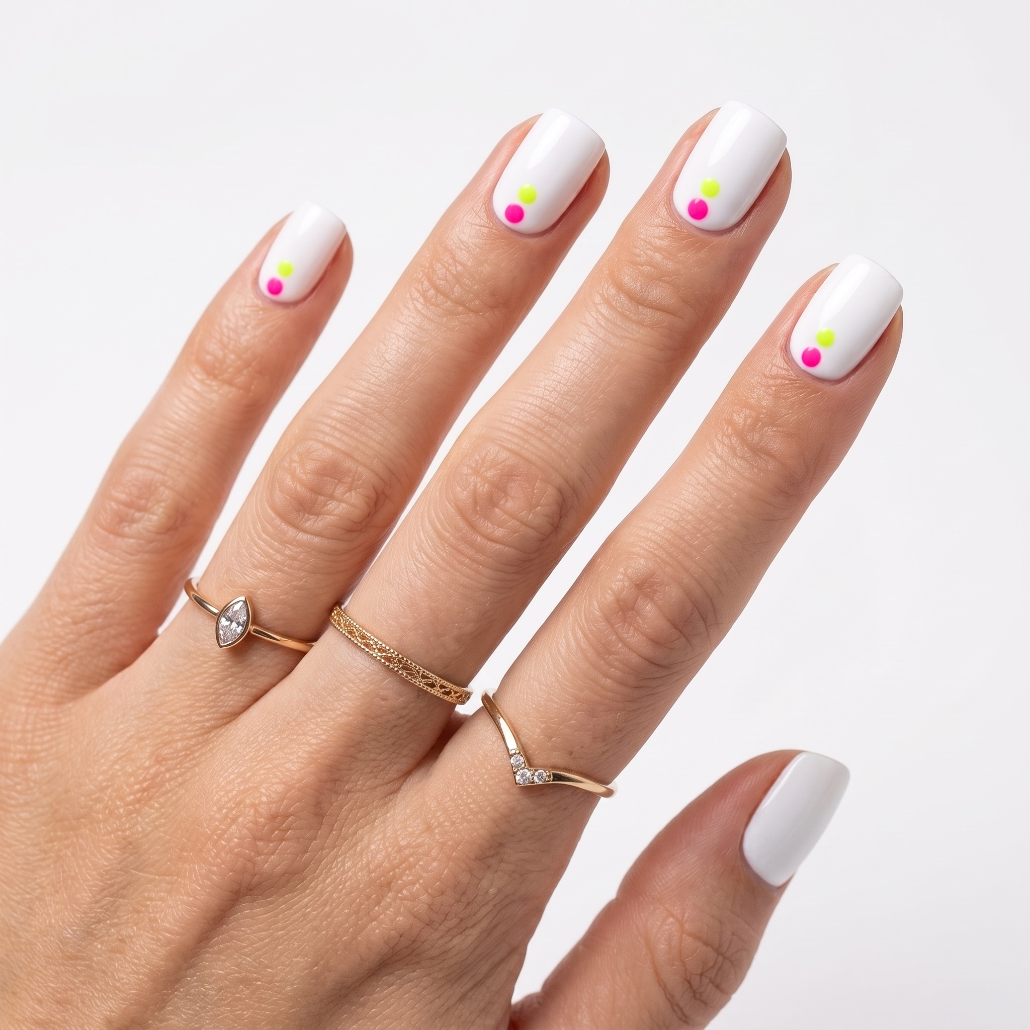 Soft pink nude nails with tiny pink yellow blue and white confetti dots