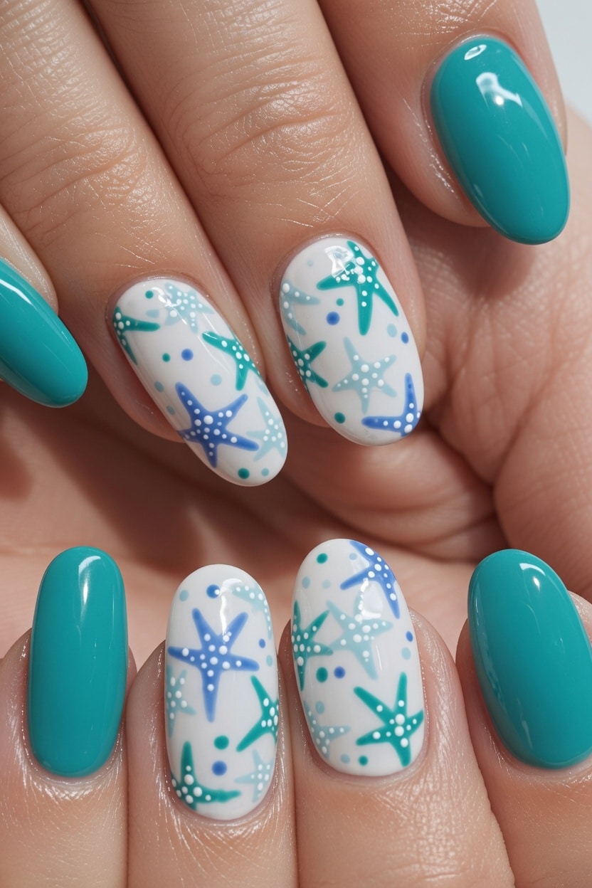 Collage of several summer manicures in nude, pink, white, and bright color combinations.
