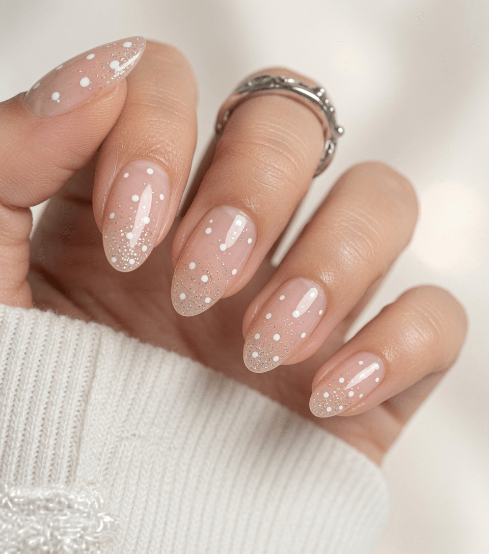 Nude nails with subtle shimmer and glitter