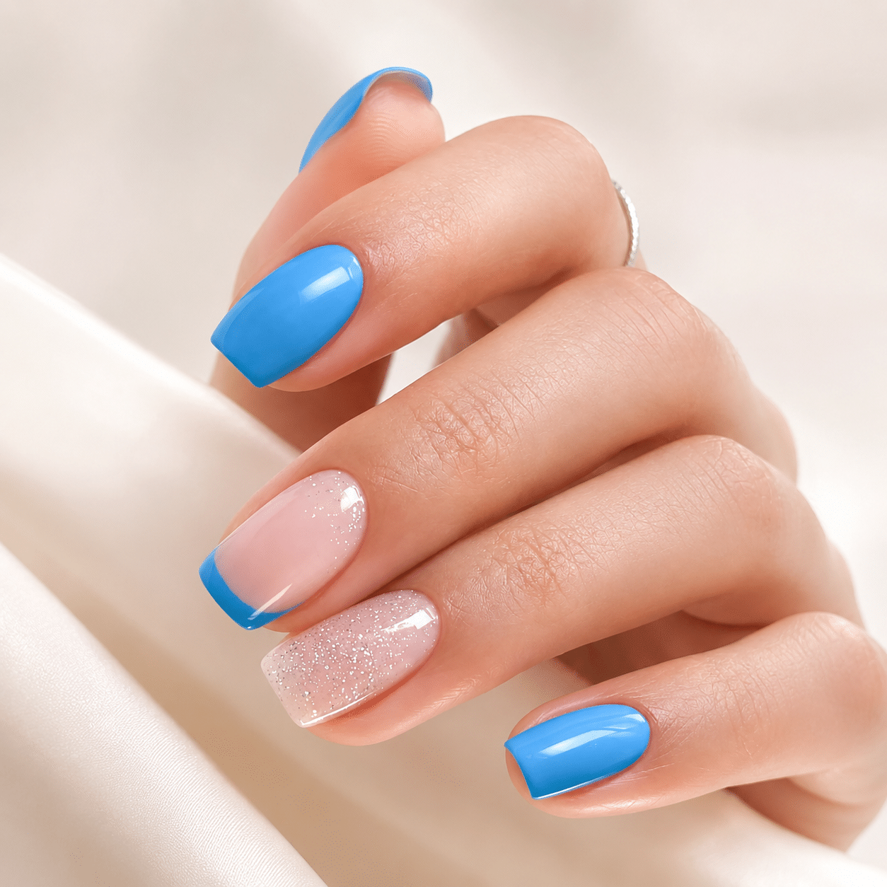 Summer nail ideas with glossy bright blue nails on a clean soft background