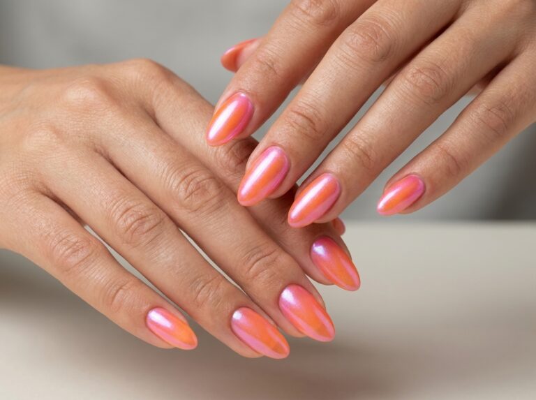 Sunset ombre summer nails with glossy pink orange and yellow almond nails