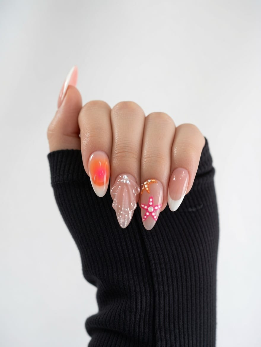 Almond-shaped nails in peach, coral, and pink tones with small beach-inspired details.