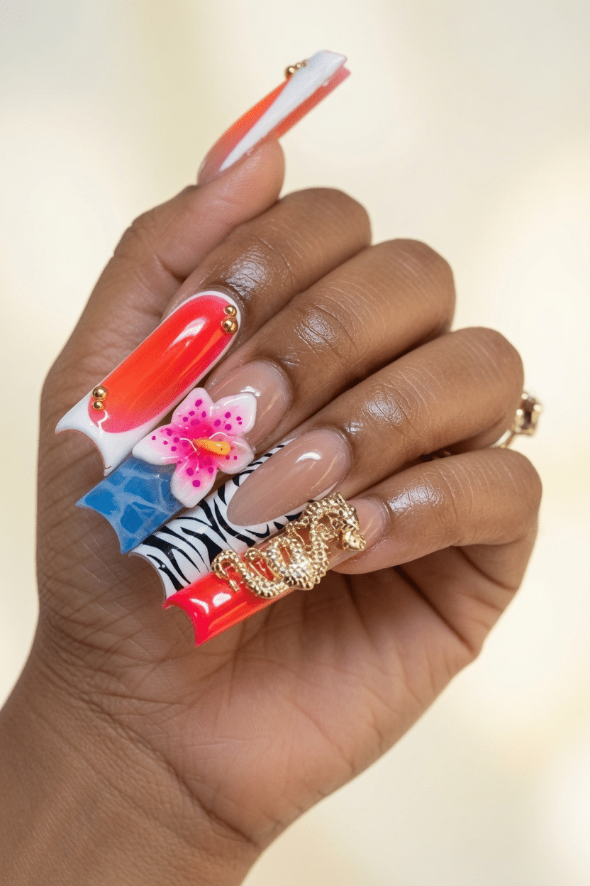 Bold tropical flower summer nails with red hibiscus-inspired nail art