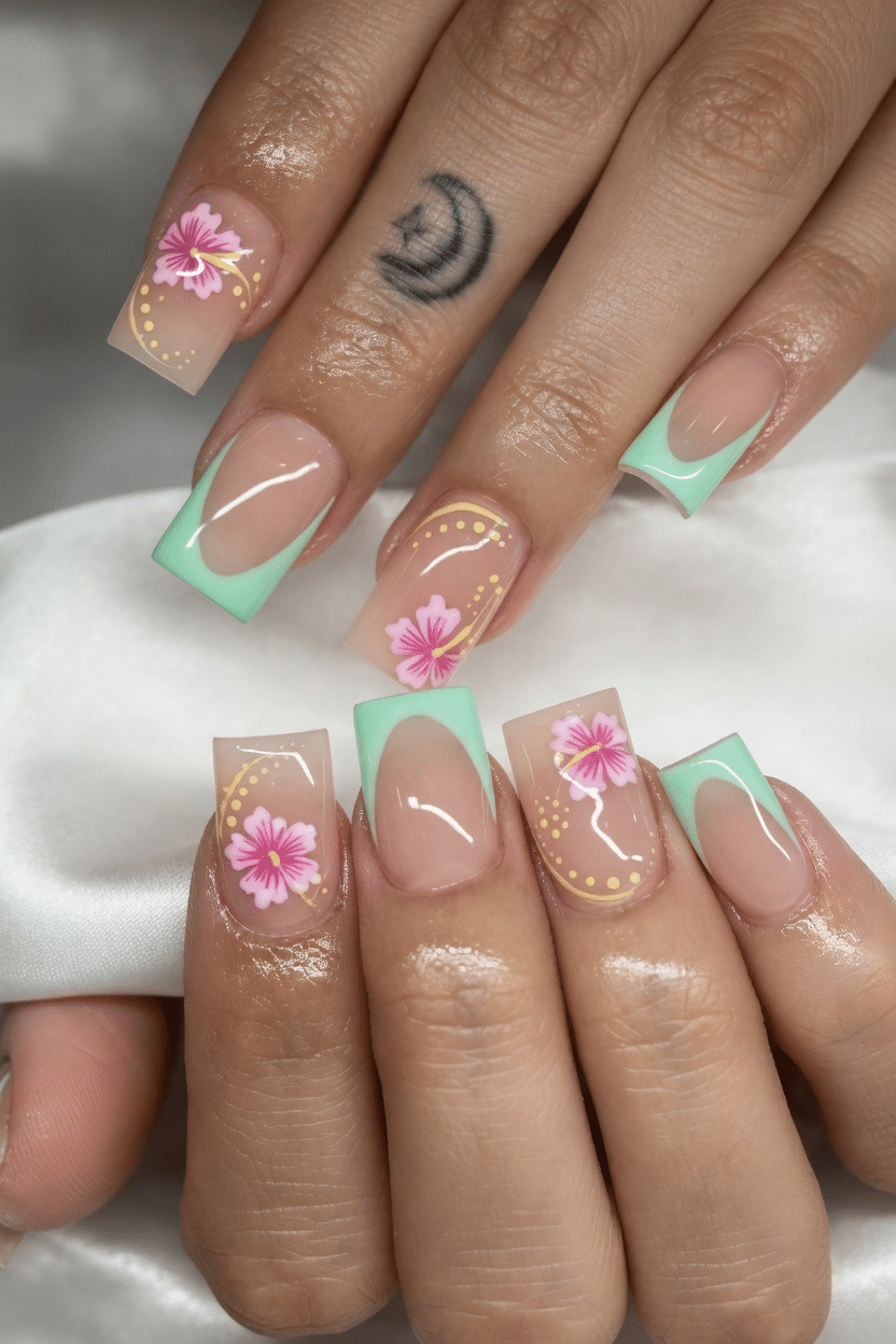 Tropical flower summer nails with floral French tips on a nude glossy base