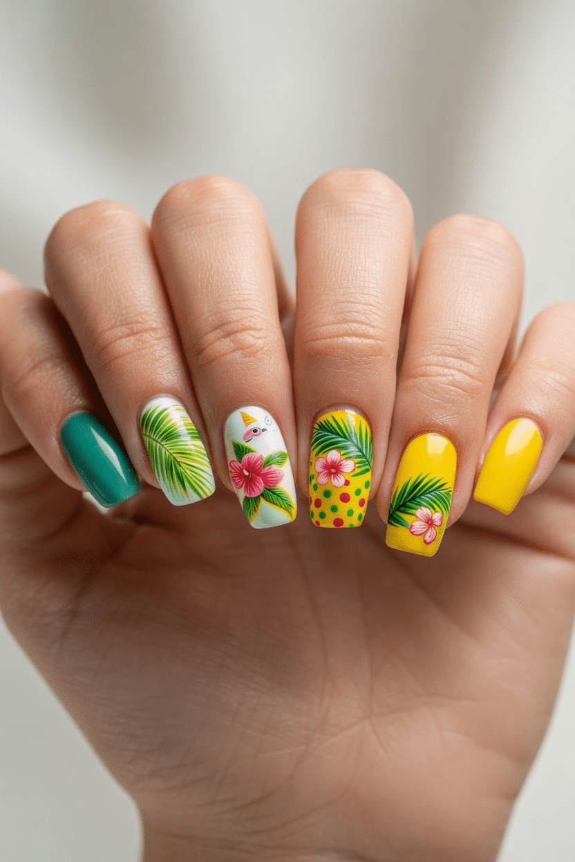 Green and yellow tropical flower summer nails with bright vacation colors