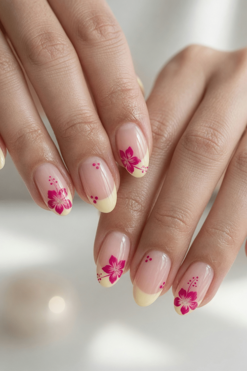 Simple tropical flower summer nails with pink floral accents on short nails
