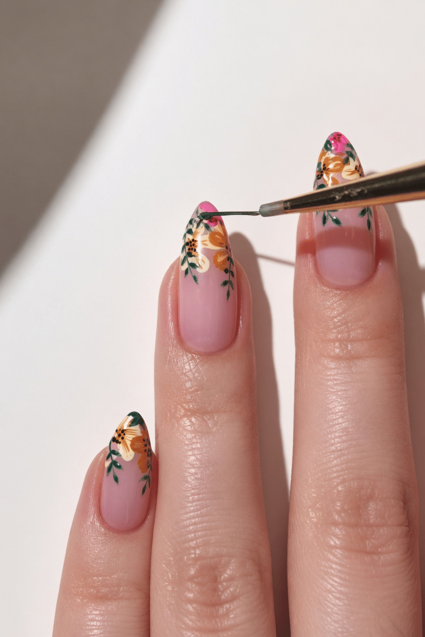 Tropical flower nail art detail with a fine brush painting floral petals