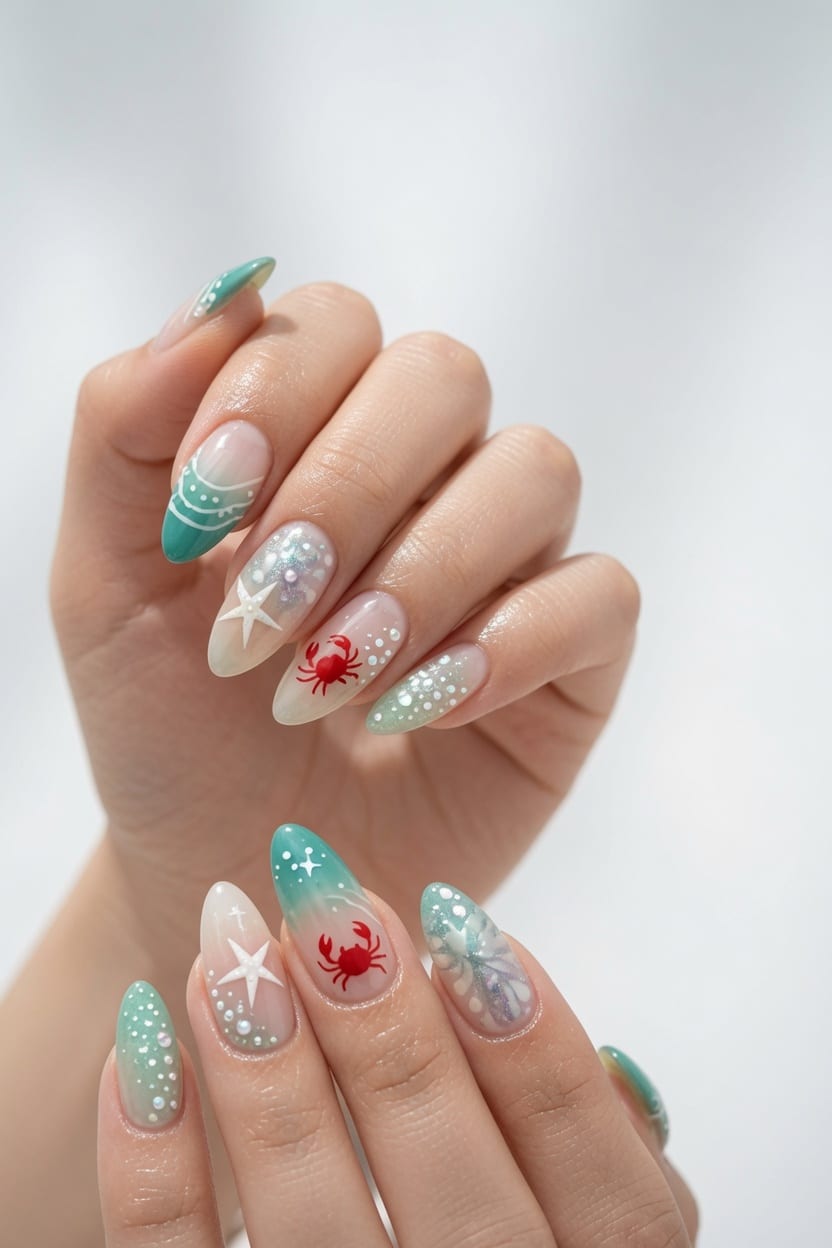 Turquoise, white, and pale coral nails with ocean-inspired painted details.