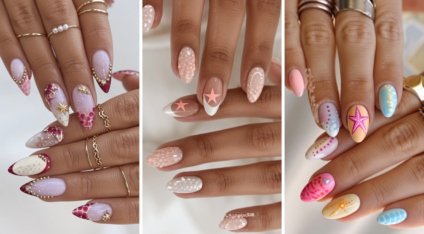 Teal nails with white accent nails featuring blue starfish and small sea-themed details.