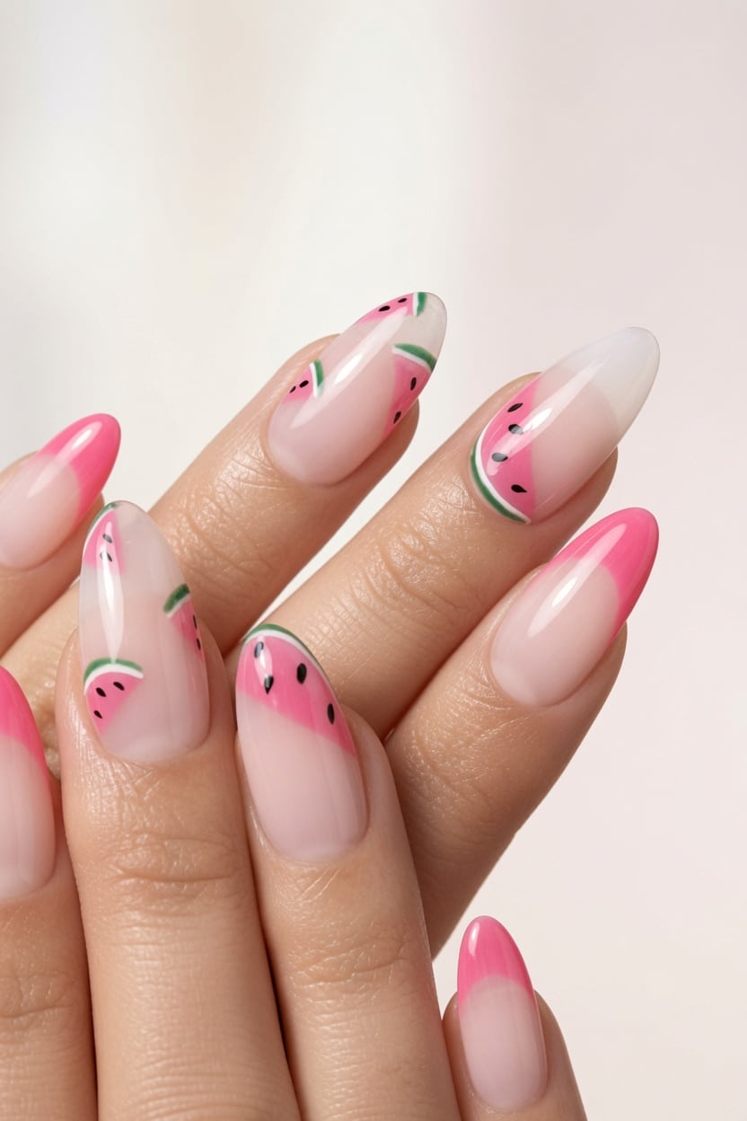 Sheer pink almond nails with painted watermelon slices on the tips